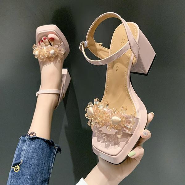 Ženske sandale na petu visine 9 cm i 3D dekoracije