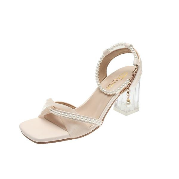 Ženske elegantne sandale s visokom četvrtastom petom 5 cm i bisernim ukrasom