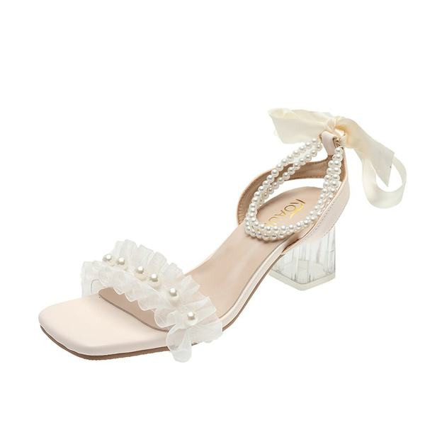 Ženske četvrtaste sandale s petom 5 cm i bisernim ukrasom