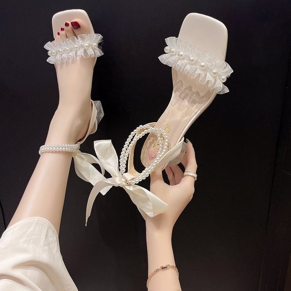 Ženske četvrtaste sandale s petom 5 cm i bisernim ukrasom