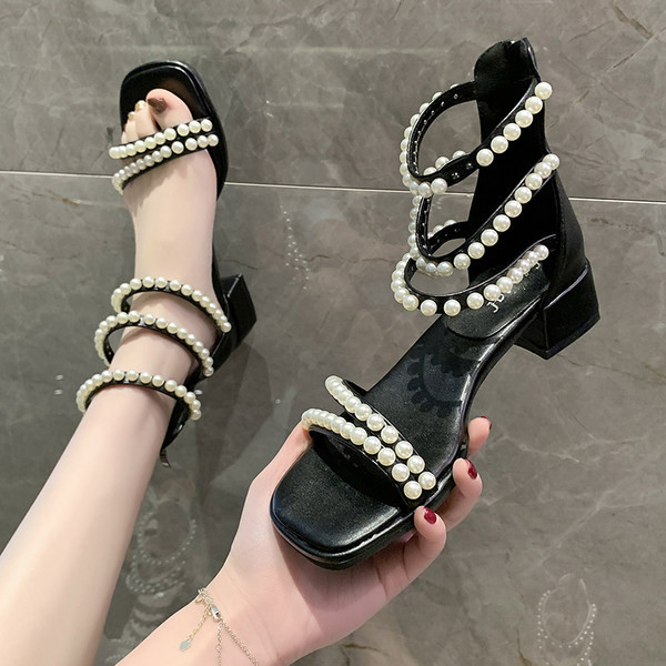 Elegantne ženske sandale s visokom petom 3,5 cm i bisernim ukrasom