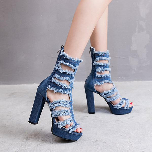 Γυναικεία μοντέρνα τζιν πέδιλα με ψηλό τακούνι 12 cm και φερμουάρ