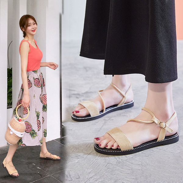 Naiste vabaaja sandaalid lameda talla ja dekoratiivkividega