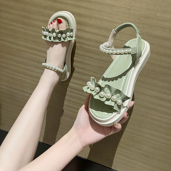 Naiste vabaaja sandaalid lameda talla ja pärlitega uus mudel