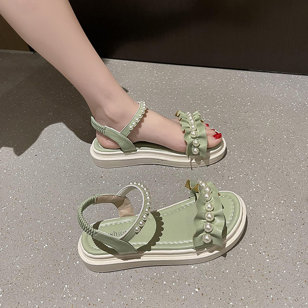 Naiste vabaaja sandaalid lameda talla ja pärlitega uus mudel