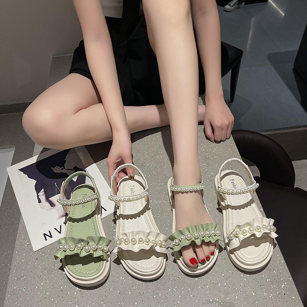 Naiste vabaaja sandaalid lameda talla ja pärlitega uus mudel