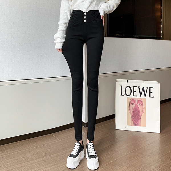 Igapäevased kõrge vöökohaga ja metallnööpidega kaunistusega naiste retuusid