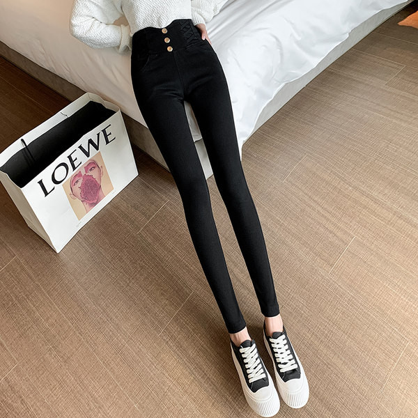 Igapäevased kõrge vöökohaga ja metallnööpidega kaunistusega naiste retuusid