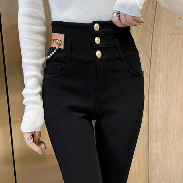 Naiste soliidsed nööpide ja dekoratiivse ketiga retuusid