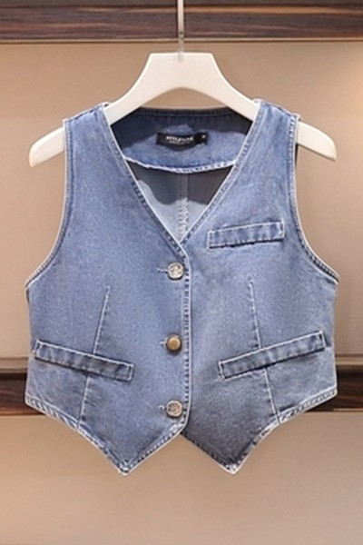 Νέο μοντέλο γυναικείο τζιν γιλέκο με κουμπιά σε μπλε χρώμα