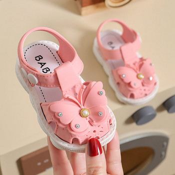 Модерни детски сандали за момичета с апликация пеперуда и декоративни камъни