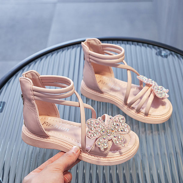 Детски кожени сандали с цип и декорация 