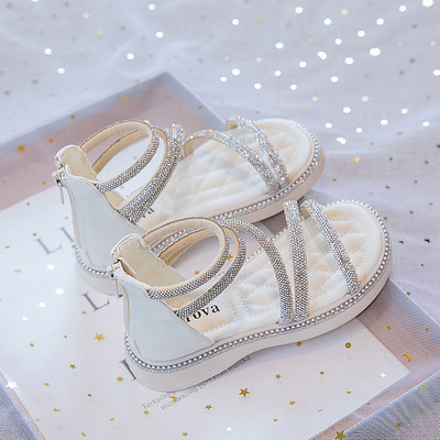 Детски кожени сандали с камъни в черен и бял цвят