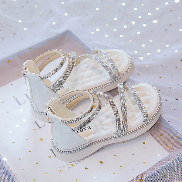 Детски кожени сандали с камъни в черен и бял цвят 