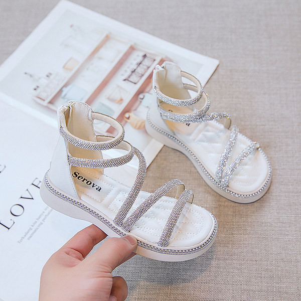 Детски кожени сандали с камъни в черен и бял цвят 