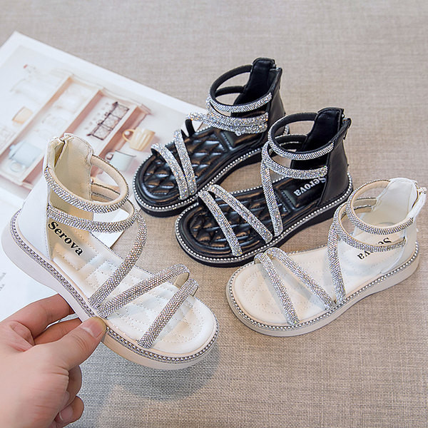 Детски кожени сандали с камъни в черен и бял цвят 