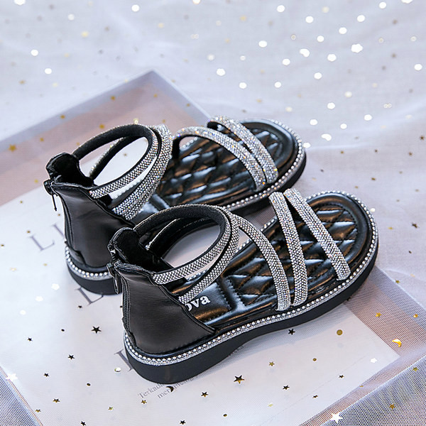 Детски кожени сандали с камъни в черен и бял цвят 