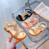 Модерни сандали за момичета с панделка и декоративни камъни