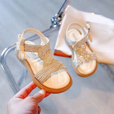 Модерни сандали за момичета с панделка и декоративни камъни