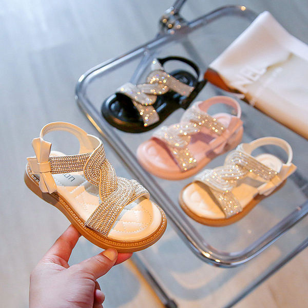 Модерни сандали за момичета с панделка и декоративни камъни