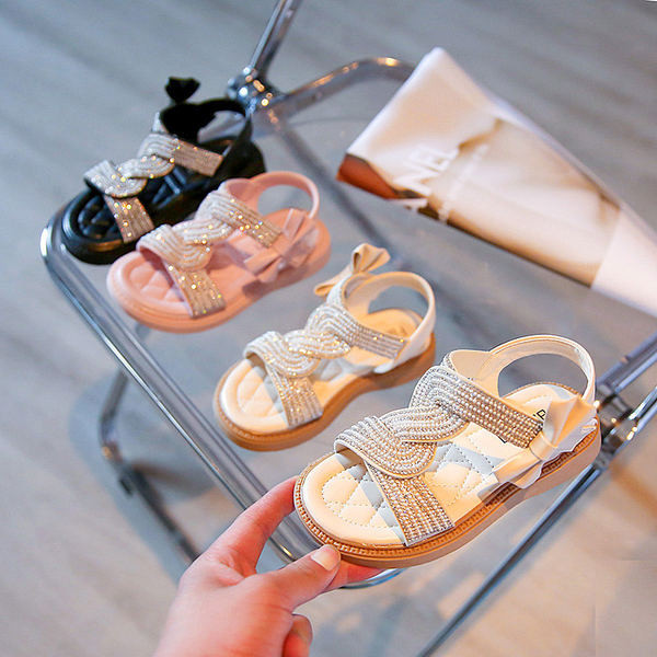 Модерни сандали за момичета с панделка и декоративни камъни