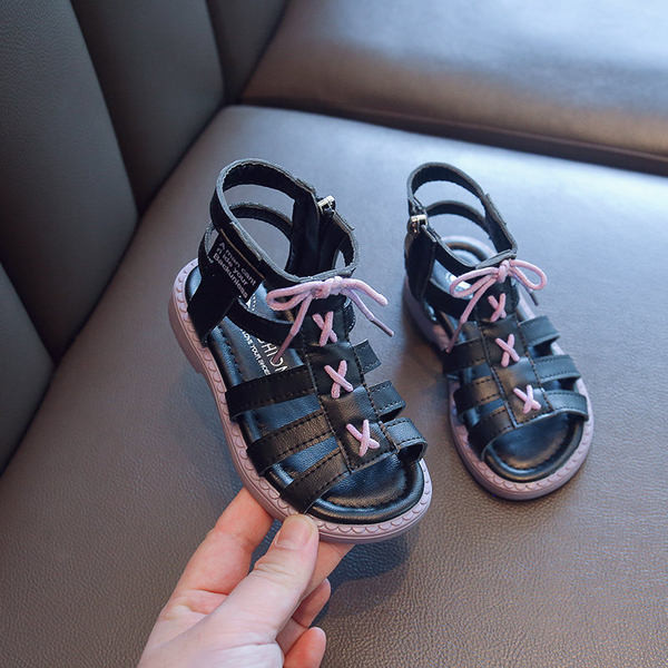 Кожени сандали с връзки и закопчаване с цип за момичета 