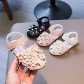 Детски затворени сандали с цветя и декорация перли за момичета