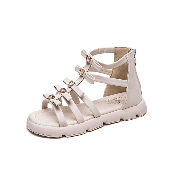 Кожени сандали за момичета с цип и декоративни камъни