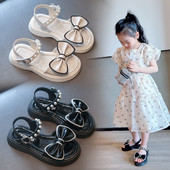 Детски сандали с панделка и перли в два цвята