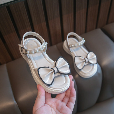 Детски сандали с панделка и перли в два цвята
