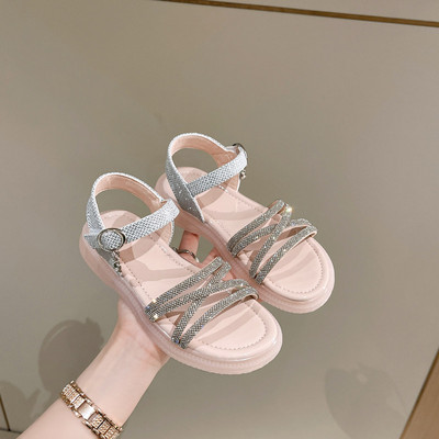 Детски ежедневни сандали за момичета с декоративни камъни и равна подметка