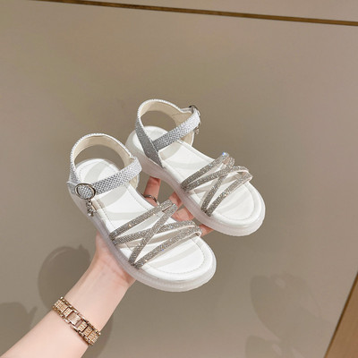 Детски ежедневни сандали за момичета с декоративни камъни и равна подметка