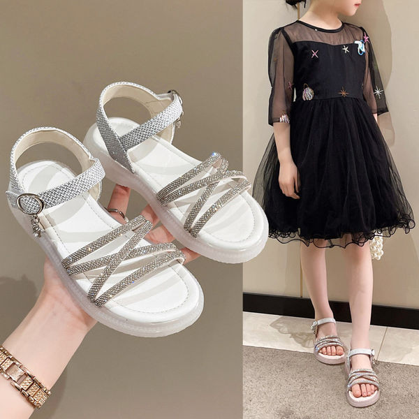 Детски ежедневни сандали за момичета с декоративни камъни и равна подметка 