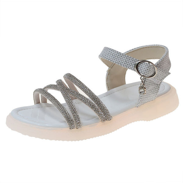 Детски ежедневни сандали за момичета с декоративни камъни и равна подметка 