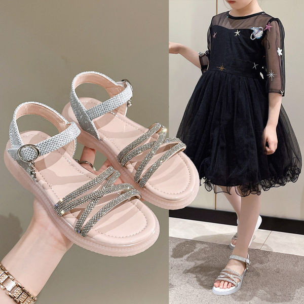 Детски ежедневни сандали за момичета с декоративни камъни и равна подметка 