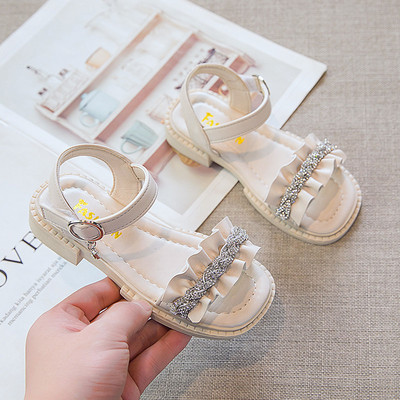 Детски сандали с камъни в бежов и жълт цвят