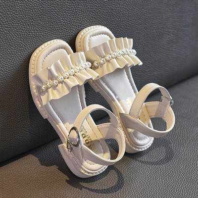 Детски сандали с перли в бял и зелен цвят