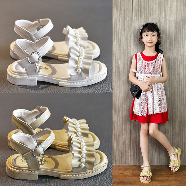 Детски сандали с перли в бял и зелен цвят 