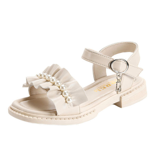 Детски сандали с перли в бял и зелен цвят 