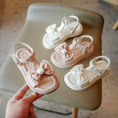 Детски кожени сандали с панделка и перли - два цвята