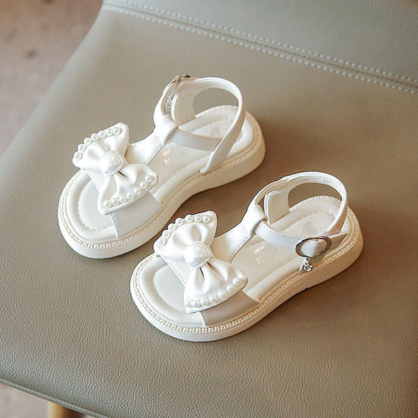 Детски кожени сандали с панделка и перли - два цвята