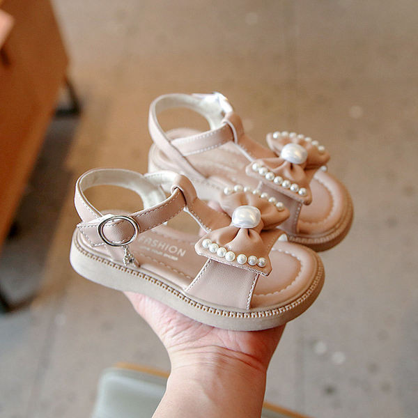 Детски кожени сандали с панделка и перли - два цвята