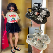 Модерни детски сандали с панделка с камъни за момичета