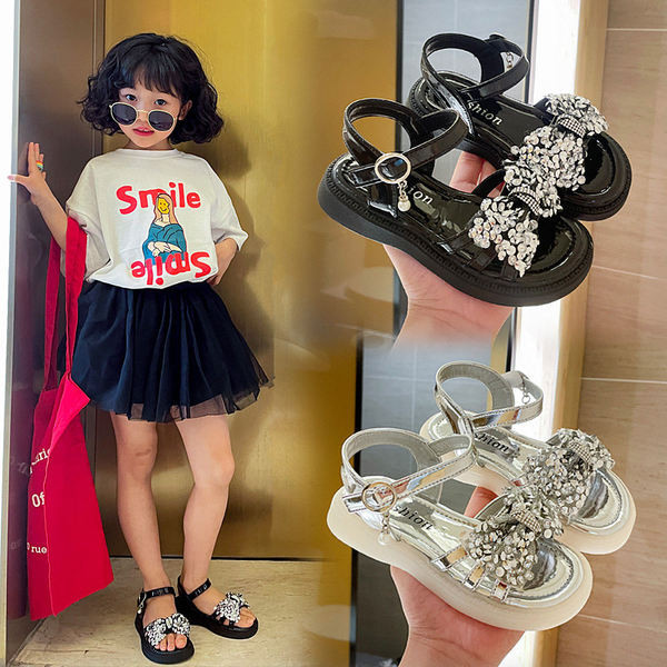 Модерни детски сандали с панделка с камъни за момичета