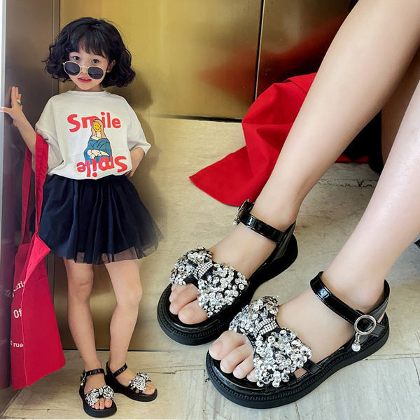 Модерни детски сандали с панделка с камъни за момичета