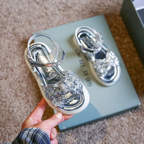 Модерни детски сандали с панделка с камъни за момичета