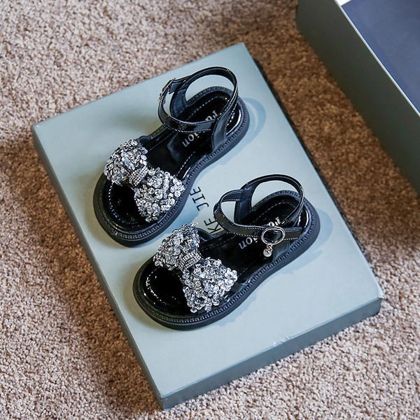 Модерни детски сандали с панделка с камъни за момичета