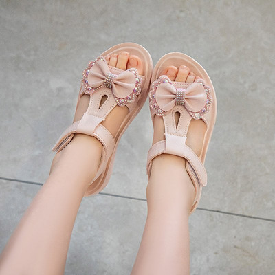 Детски кожени сандали с панделка и камъни