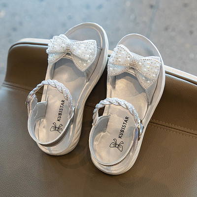 Детски кожени сандали с панделка и камъни