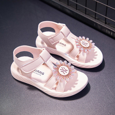 Детски кожени сандали с панделка и камъни